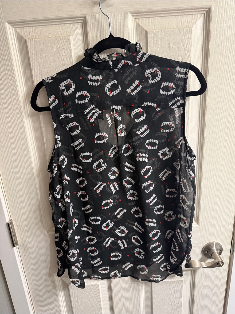 Modcloth Black Sheer Sleeveless Blouse with Vampire Fang Print - Picture 3 of 4
